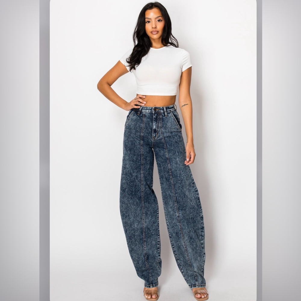 APHRODITE 40812 Mid Rise Acid Washed Barrel Shaped Jeans W/ Front & Rear Seams